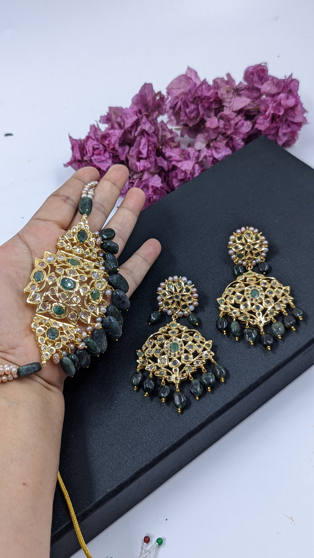 Minha Chokar in Real Emerald and antique nude pink Real Pearls