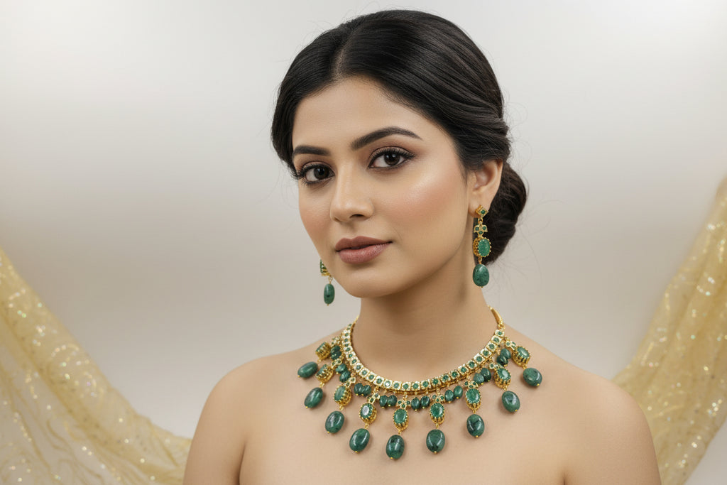Nayaab Real Emerald Necklace Set