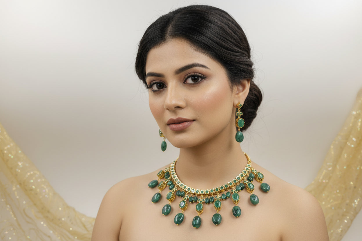 Nayaab Real Emerald Necklace Set