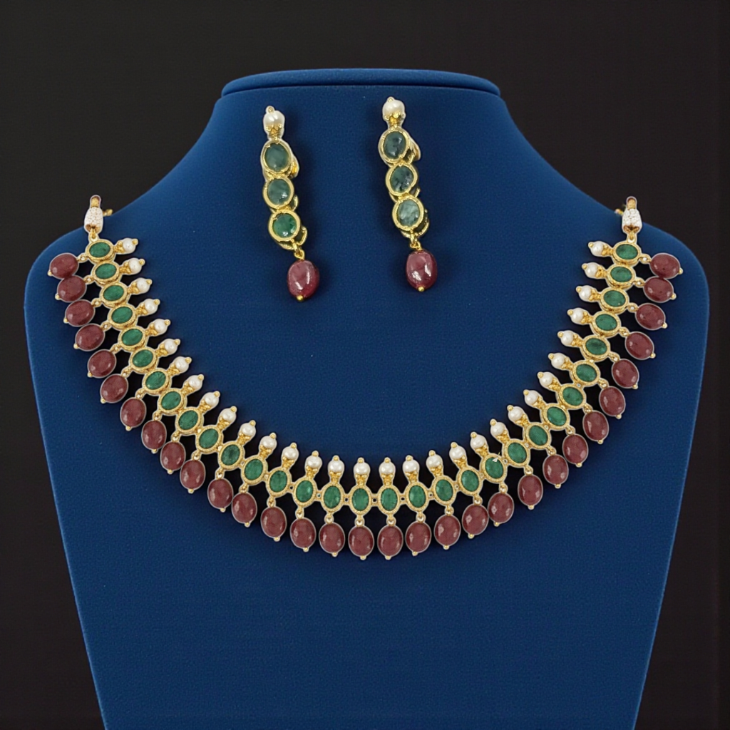 Mehrish Necklace Set in Real Ruby, Emerald & Real Pearls