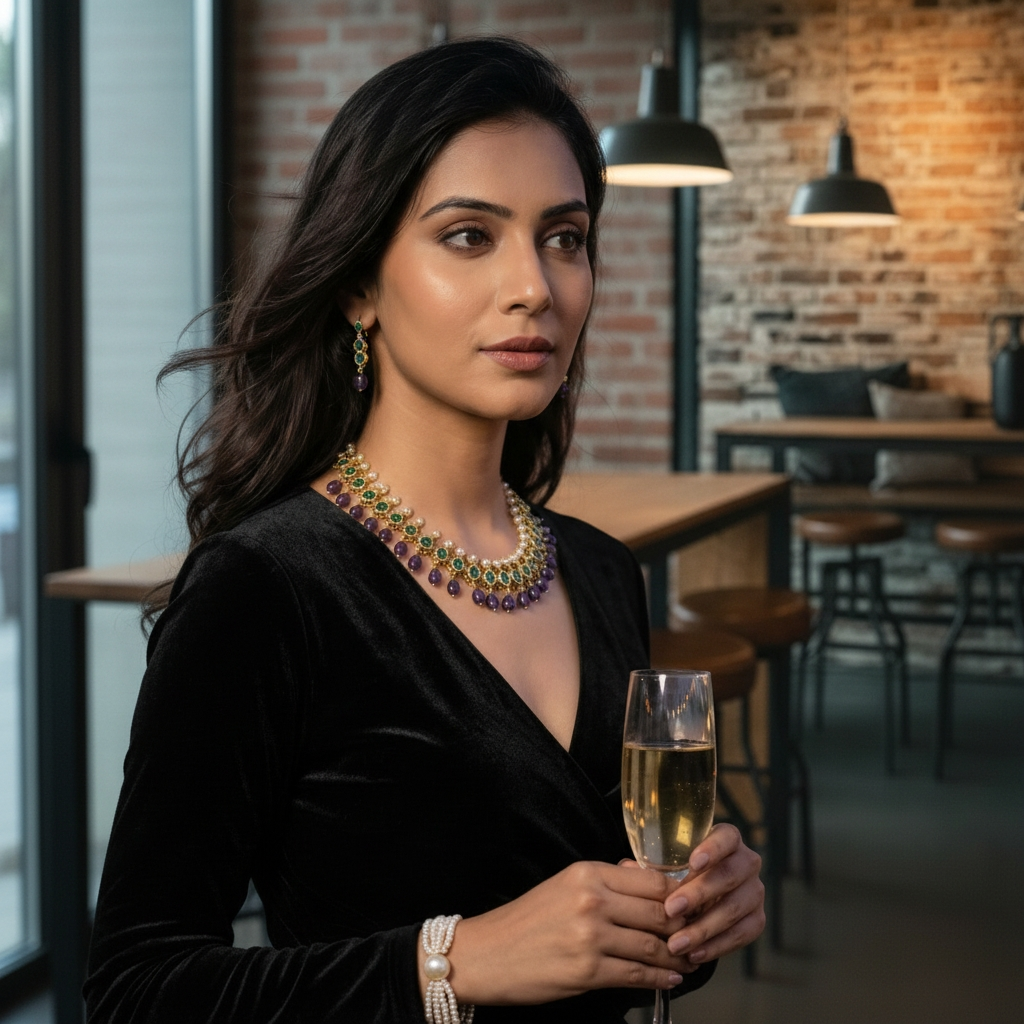 Mehrish Necklace Set in Real Amythest,Emerald & Real Pearls