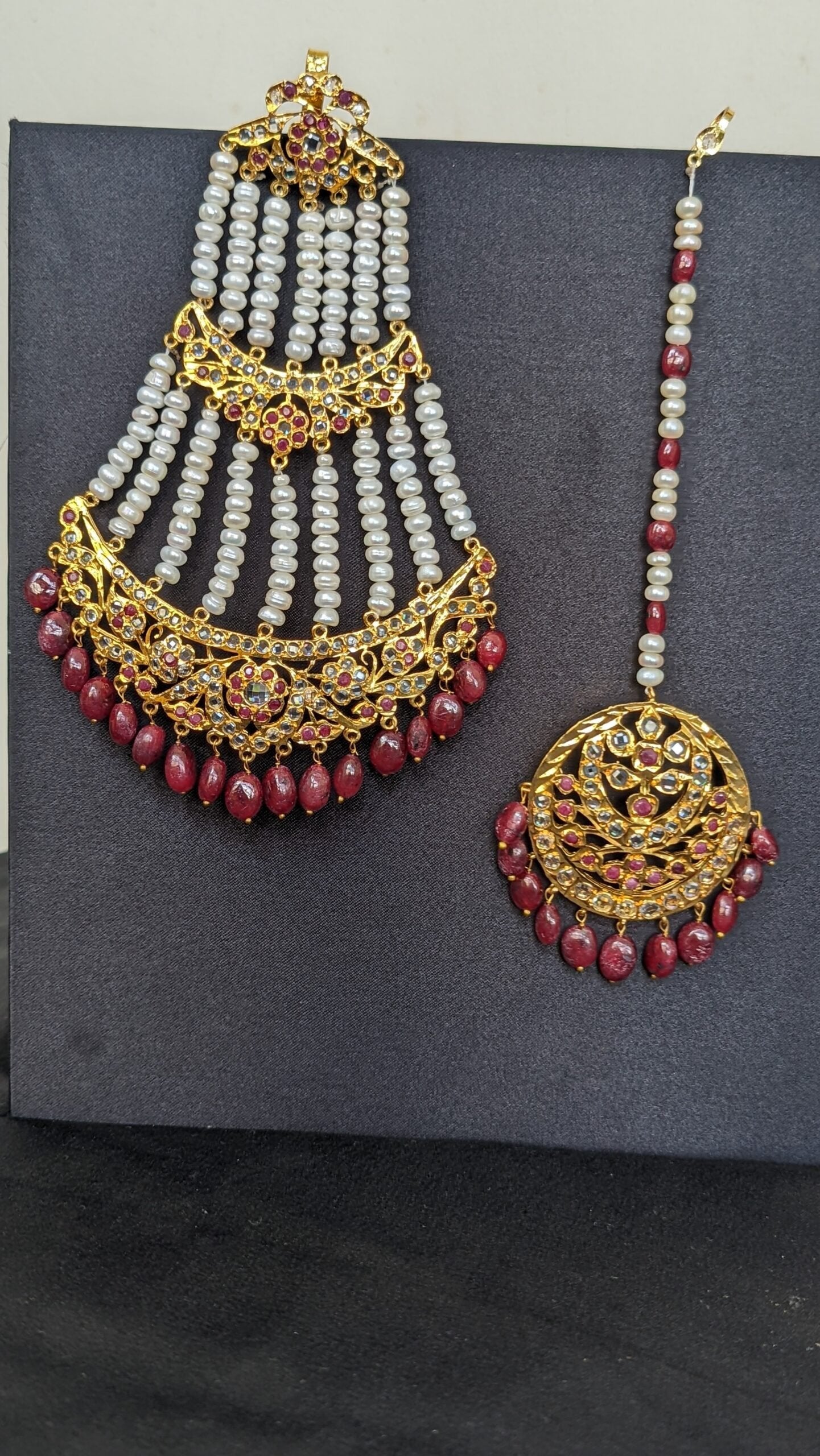 Radiya Jhumar-Tika Set in Real Ruby & Pearls |