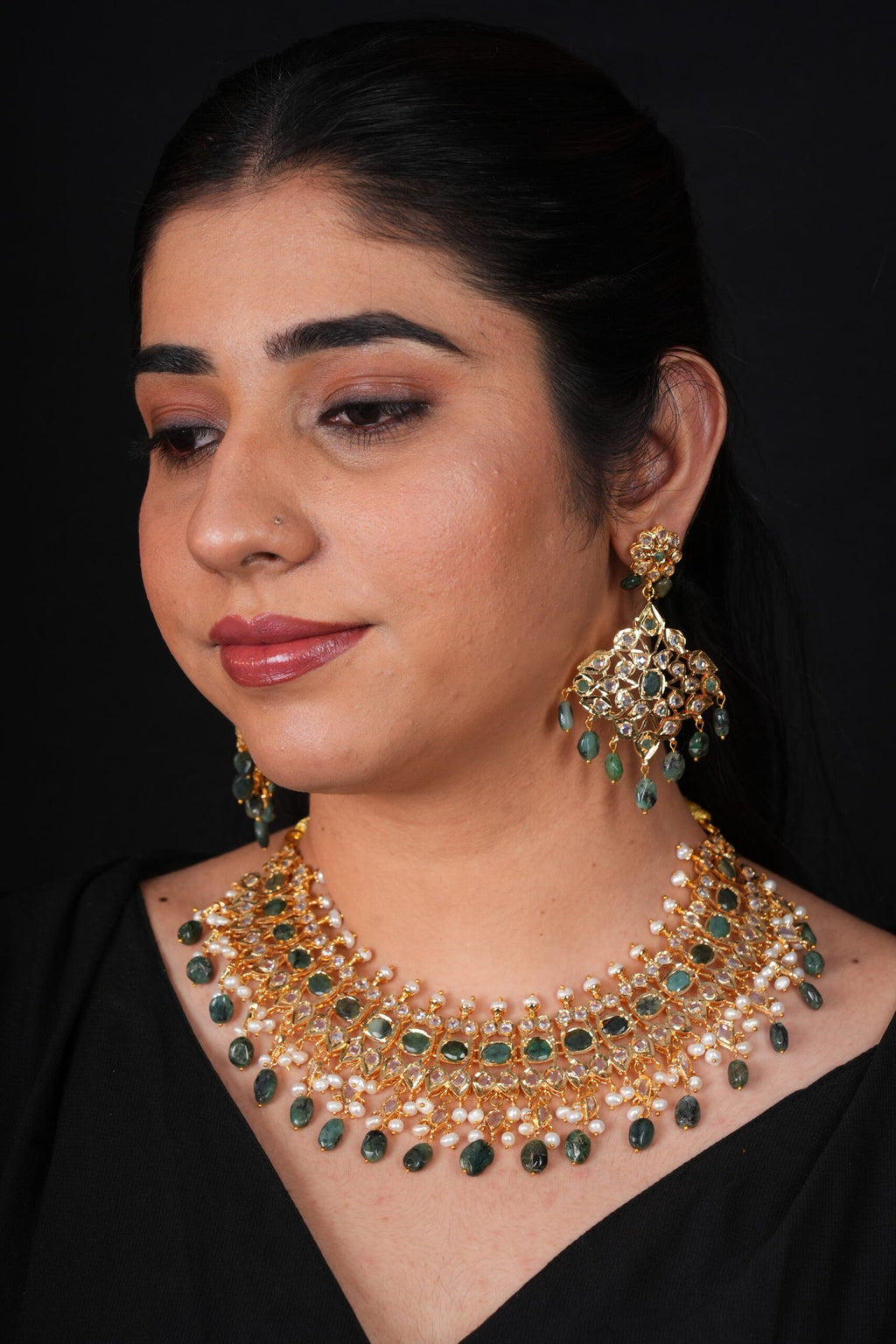 Shabista Necklace Set in Real Emerald