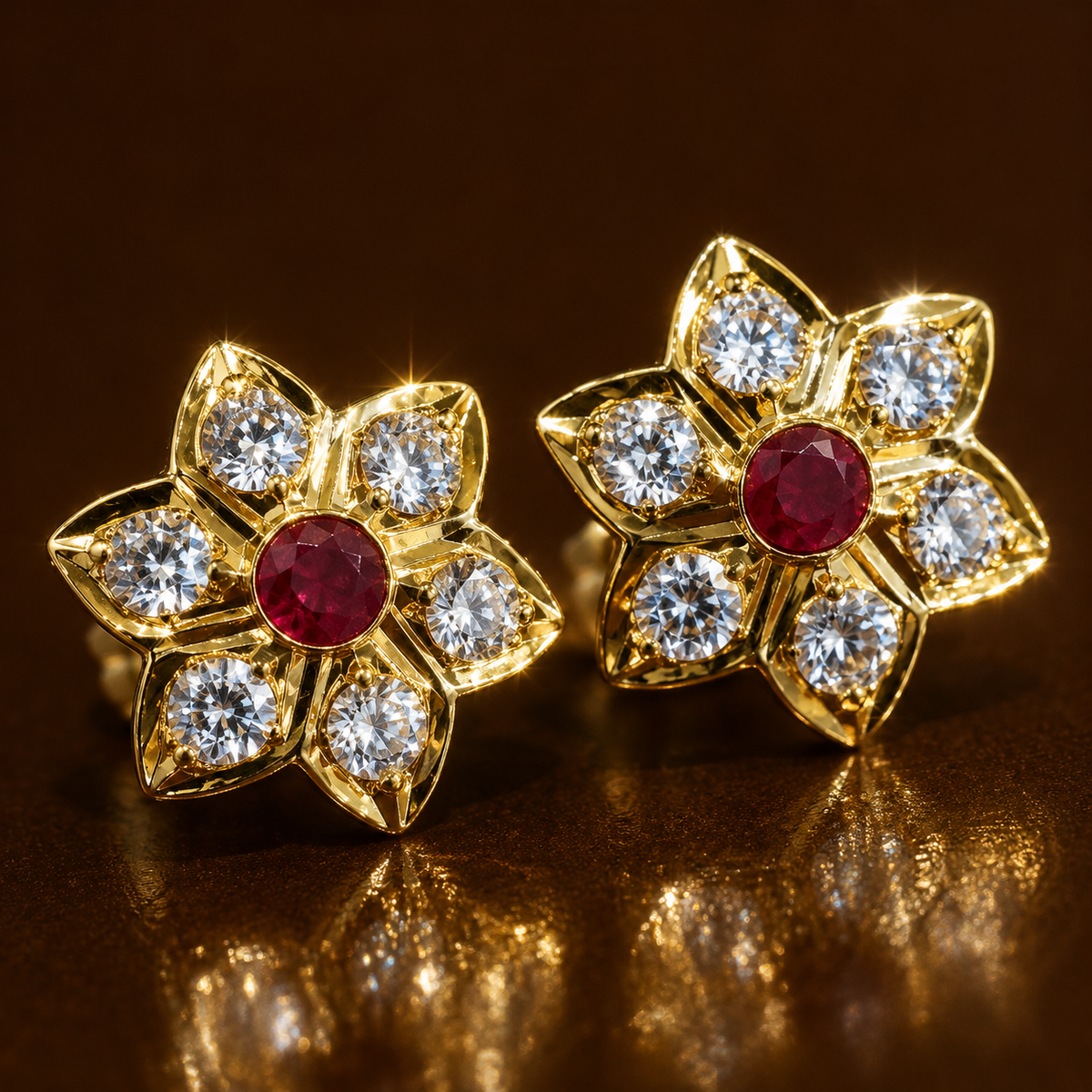 Tara Jadau Stud Earrings in Real Ruby with floral design