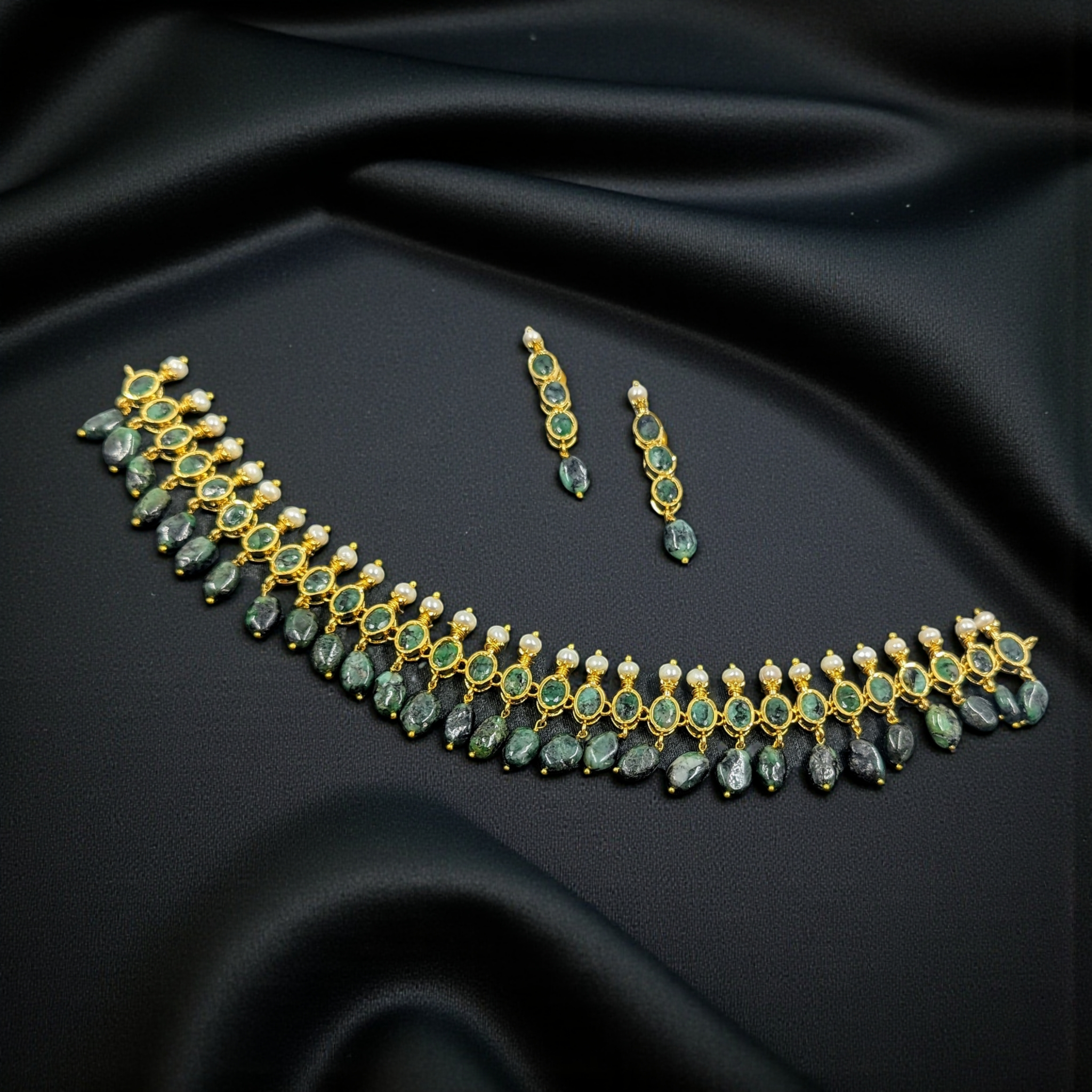 Mehrish Necklace Set in Real Emerald & Real Pearls