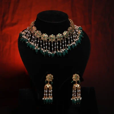 Ruhiya Choker Set - 22 Carat Gold Plated Jadau Necklace with Ruby and Emerald