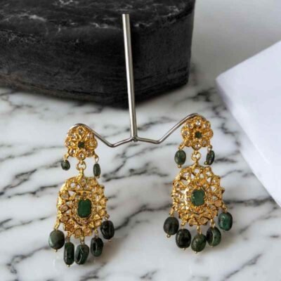 Hayat Danglers earrings with real emerald stones,22-carat gold plated jhumka earrings with moissanite