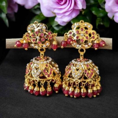 Close-Up of Noori Jhumkas Earrings with Pearls, Back View of 22-Carat Gold Plated Noori Jhumkas Earrings