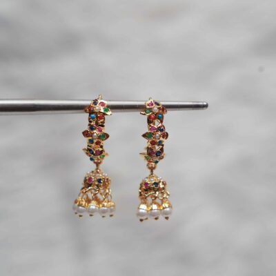 Side view of Sidra Jhumki Earrings highlighting intricate design, Top view of Sidra Jhumki Earrings emphasizing Navratan color scheme