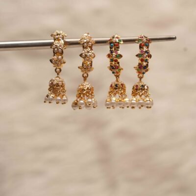 Sidra Jhumki Earrings featuring Navratan stones and pearls,Close-up of Sidra Jhumki Earrings with 22-carat gold plating