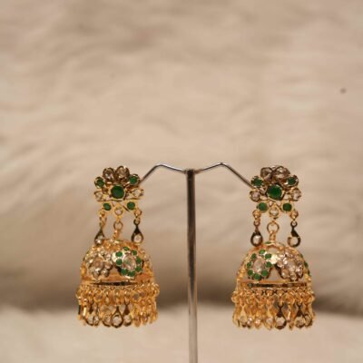 Zahra Jhumki Earrings - Traditional 22-carat gold-plated design with Polki, Ruby, and Emerald stones