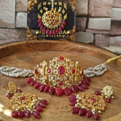 Emaan Bridal Set Choker with Real Rubies and Antique Pearls