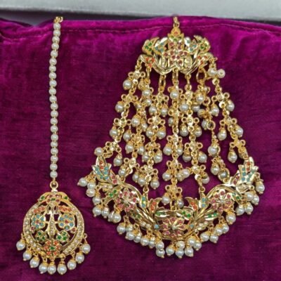 22K gold plated Gauhar Jhumar-Tika showing ruby and emerald details