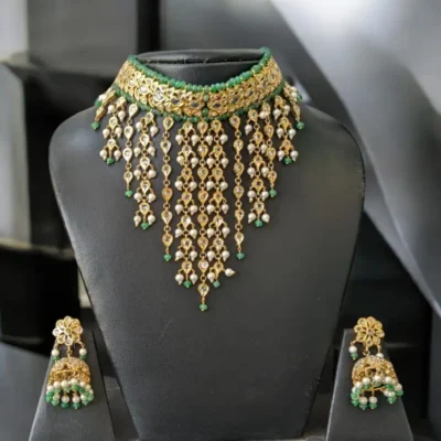 raditional South Indian Bridal Set - Hira Bridal Hathphool Design, Hira Bridal Jhumar with 22 Carat Gold Plating and Emerald Hue.