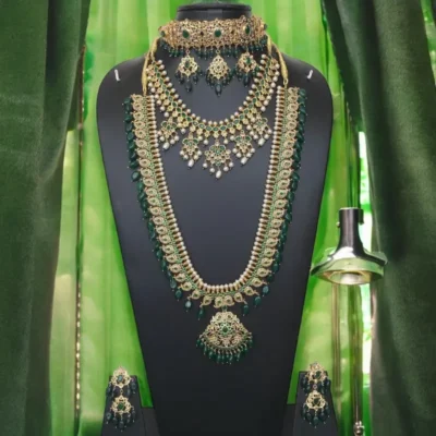 Hareem Bridal Jewellery Set - 22 Carat Gold-Plated Choker Necklace with Emerald Design