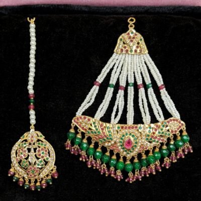 Ibna Jhumar-Tika Set in Navratan design with ruby and emerald